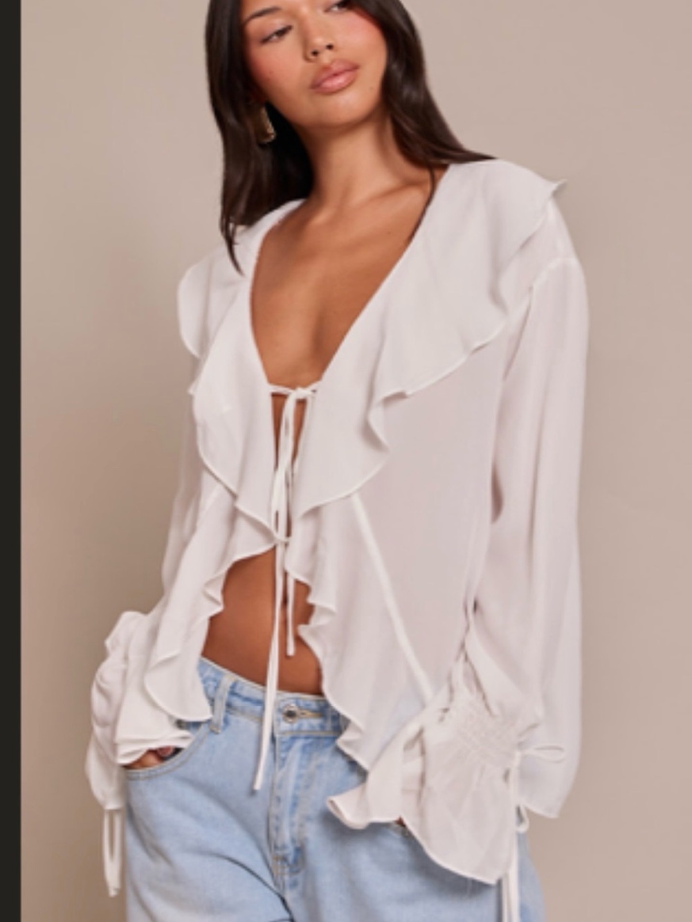 White Ruffle Tie-Front Blouse - Brand